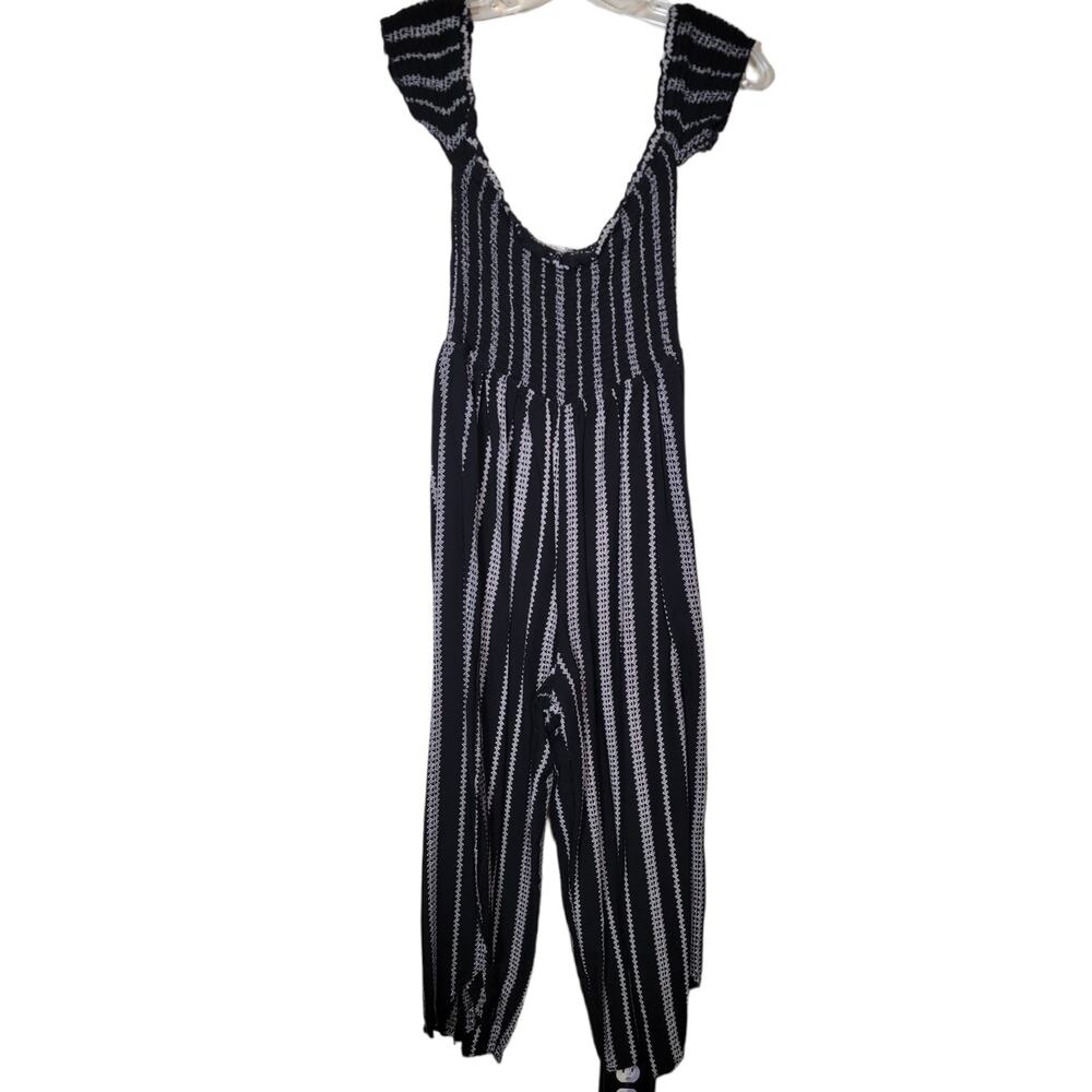 Rebellion Women's Jumpsuit Striped Pleated Off the Shoulder Black White Large